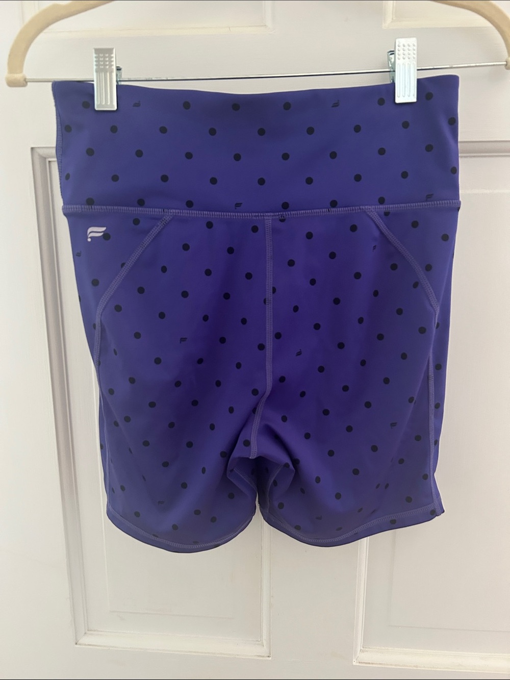 Fabletics Purple High-Rise Bike Shorts with Black Dot Print - Picture 2 of 4